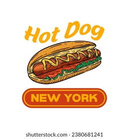Hot Dog Logo Design Vorlage einzeln. Retro hot dog Logo, Vektorgrafik. handgezeichnetes Vintage-Hotdog-Emblem