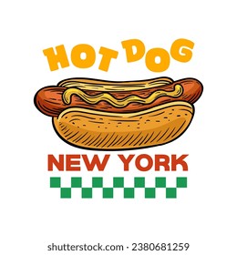 Hot dog logo design template isolated. Retro hot dog logo vector. Hand drawn vintage Hot dog emblem