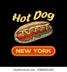 Hot dog logo design template isolated. Retro hot dog logo vector. Hand drawn vintage Hot dog emblem