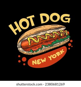 Hot dog logo design template isolated. Retro hot dog logo vector. Hand drawn vintage Hot dog emblem
