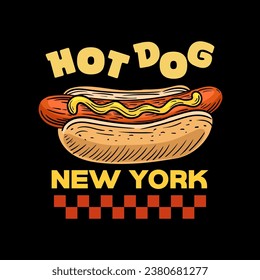 Hot dog logo design template isolated. Retro hot dog logo vector. Hand drawn vintage Hot dog emblem