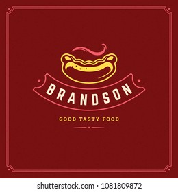 Hot dog logo design vector illustration. Hot dog sausage silhouette, good for restaurant menu and cafe badge. Vintage typography logotype template.