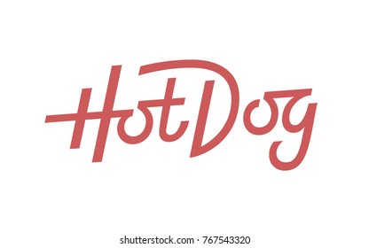 Hot dog logo emblem vector inscription. Fastfood signboard. Handmade lettering