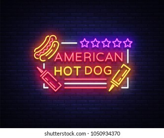 Hot dog logo in neon style design template. Hot dog neon signs, light banner, neon symbol fast food emblem, American food, bright night advertising. Vector illustration