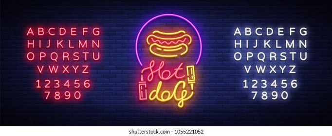 Hot dog logo in neon style design template. Hot dog neon signs, light banner, neon symbol fast food emblem, American food, bright night advertising. Vector illustration. Editing text neon sign