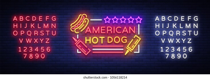 Hot dog logo in neon style design template. Hot dog neon signs, light banner, neon symbol fast food emblem, American food, bright night advertising. Vector illustration. Editing text neon sign