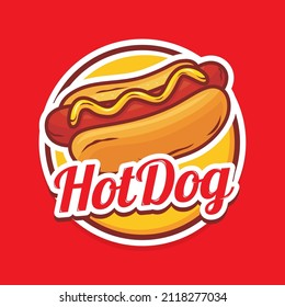 Hot dog logo template with delicious hot dog illustration isolated on red background
