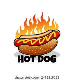 Hot dog logo vector with burning fire, in white background