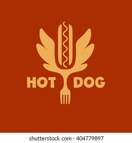Hot dog logo. Vector logo for fast food. Illustration for menu cafe on red background.