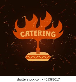 Hot dog logo. Vector logo for fast food. Illustration for catering menu cafe with sparks of fire on background.