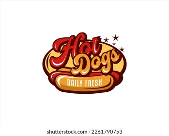 Ilustración o etiqueta plana vectorial del logotipo de hot dog. para pegatinas, emblemas, insignia comida rápida, restaurante, icono de comida para llevar, 
logotipo de comida callejera, tentempiés, ilustración vectorial Lettering, ilustración colorida