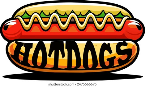 Hot dog logo vector flat illustration or label. for sticker, emblem, badge Fast food, restaurant, takeaway icon, street food logo, snacks. Tasty Hotdog Meal Hand Drawn.
