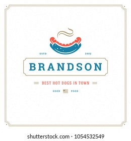 Hot dog logo vector illustration. Hot dog sausage silhouette, good for restaurant menu and cafe badge. Vintage typography emblem design.