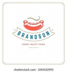 Hot dog logo vector illustration. Hot dog sausage silhouette, good for restaurant menu and cafe badge. Vintage typography emblem design.
