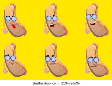 Hot Dog looking through binoculars. American fast food as a cartoon character with face.