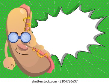 Hot Dog looking through binoculars. American fast food as a cartoon character with face.