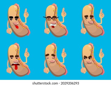 Hot Dog making a point. American fast food as a cartoon character with face.