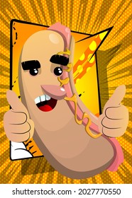 Hot Dog making thumbs up sign with two hands. American fast food as a cartoon character with face.