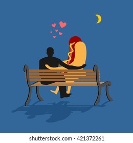 Hot dog and man looking at moon. Date night. Guy and fast-food sitting on bench. Month in dark sky. Romantic foodl illustration
