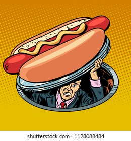 hot dog. man under fast food. Pop art retro vector illustration vintage kitsch drawing