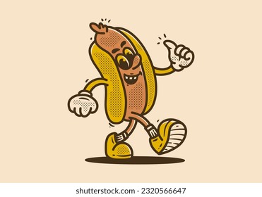 Hot dog mascot character walking with happy face, drawing in vintage style