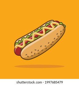 Hot dog with mayonnaise and sesame seeds on the bread, vector design and isolated background.