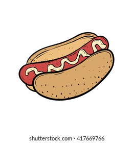 Hot Dog With Mayonnaise Using Doodle or Sketchy Style on White Background