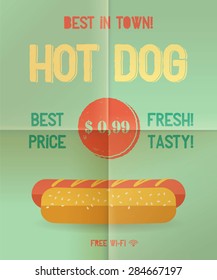 Hot Dog menu price. The best Hot Dogs in town. Vintage poster design. Retro flyer template, folded paper. Flat design, vector illustration, eps 10