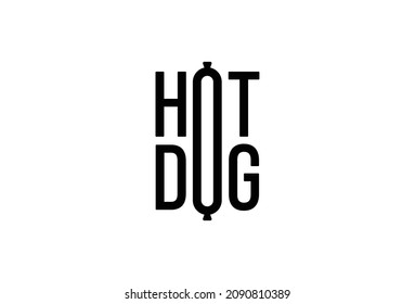 Hot Dog Minimal Symbol Design. Vector Logo Template. A combined logotype emblem of the word hot dog with a logomark of a sausage in the hot color red. EPS10