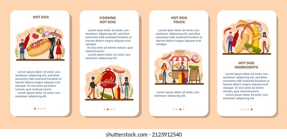 Hot dog mobile application banner set. Unhealthy fast food cooking, american snack with ketchup and mustard, bun and sausage. Delicious food with a nipple lying in a bun. Flat vector illustration