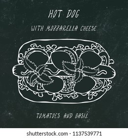 Hot Dog with Mozzarella Cheese, Basil, Lettuce Salad, Tomato. Fast Food Collection. Realistic Hand Drawn High Quality Vector Illustration. Doodle Style. Black Chalkboard.