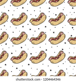 Hot dog multicolored set. Unusual Fast food fantastic. Color sausage and bun. Food isometric 2d illustration in hand drawn style