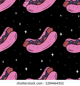 Hot dog multicolored set. Unusual Fast food fantastic. Color sausage and bun. Food isometric 2d illustration in hand drawn style