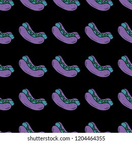 Hot dog multicolored set. Unusual Fast food fantastic. Color sausage and bun. Food isometric 2d illustration in hand drawn style