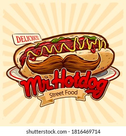 hot dog with mustache in the plate for street food fast food and junk food restaurant logo