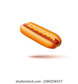 Hot dog with mustard. 3D model for concepts of high-calorie street food, and fast food. Food for a quick snack. Object on a white background.