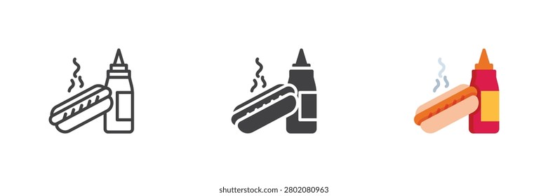 Hot dog and mustard bottle icon icon set with line, solid, flat color colorful vector sign symbol, showing sausage bun, steam and sauce for street food.