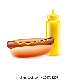 hot dog with mustard bottle isolated on white background