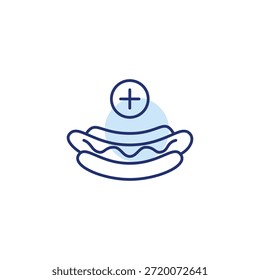 Perro caliente con mostaza en un bollo y más. Nuevas posiciones de menú agregadas. Comida rápida para llevar y entrega. Icono de Vector de trazo perfecto y editable