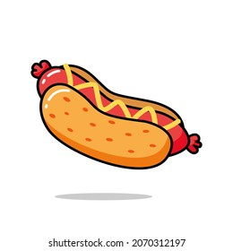 Hot dog with mustard colorful vector cartoon. Fast food hot dog vector clipart icon