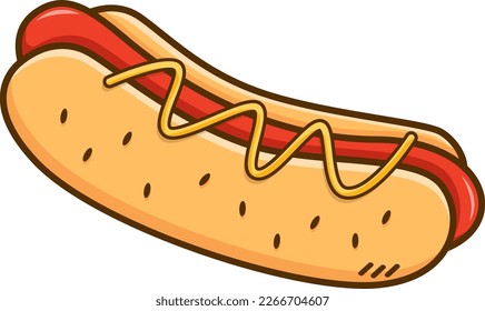 Hot dog with mustard colorful vector cartoon. Fast food hot dog vector clipart icon.