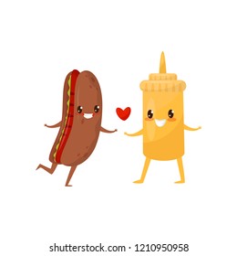 Hot dog and mustard are friends forever, fast food menu funny cartoon characters vector Illustration on a white background