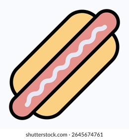 Hot Dog With Mustard Isolated, Fast Food For Poster, Menus, Brochure, Web Design, Fourth Of July Icon, Vector Style Lineal color Icon.	