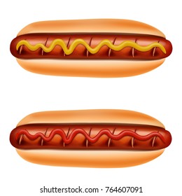 Hot Dog with mustard and ketchup on white o transparent background. Hot dog for poster, menu, brochure, web or icon. Unhealthy fastfood concept. Barbecue Grilled Hot Dog with Mustard and Ketchup