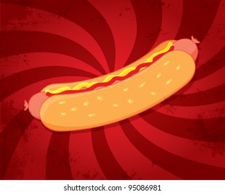 Hot dog with mustard and ketchup on dynamic red background, retro style, vector illustration