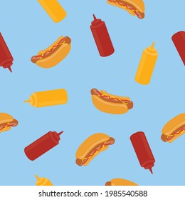 Perro caliente, mostaza y patrón de Ketchup. Patrón o fondo de vectores sin fisuras con botellas Hot Dogs, Mustard y Ketchup