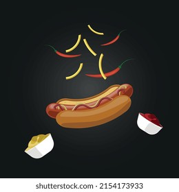 Hot dog with mustard and ketchup vector illustration on black background
