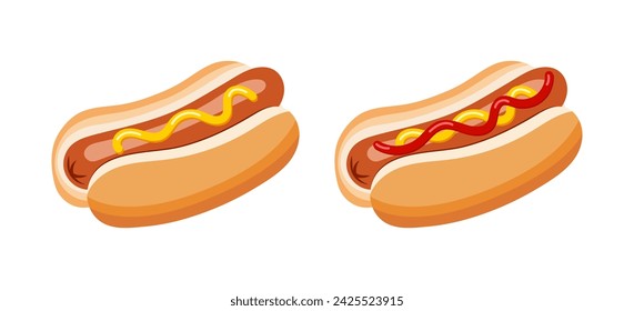 Hot Dog mit Senf und Ketschup. Vektor-isolierte Illustration für Café, Restaurant, Fast Food, Lebensmittelgeschäft Fast Food Illustration für Poster, Menü, Broschüre, Web und Fast Food-Ikone. EPS 10.