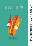 Hot dog, mustard and ketchup.Vector cartoon. Fast food. Friends forever. You can use in the menu, in the shop, in the bar, the card or stickers.