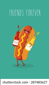Hot dog, mustard and ketchup.Vector cartoon. Fast food. Friends forever. You can use in the menu, in the shop, in the bar, the card or stickers.